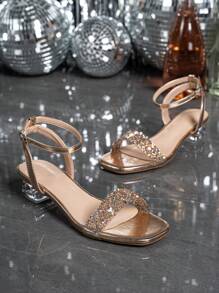 Women's Crystal Heel Glass Rhinestone Champagne Color Plus Size High Heeled Sandals