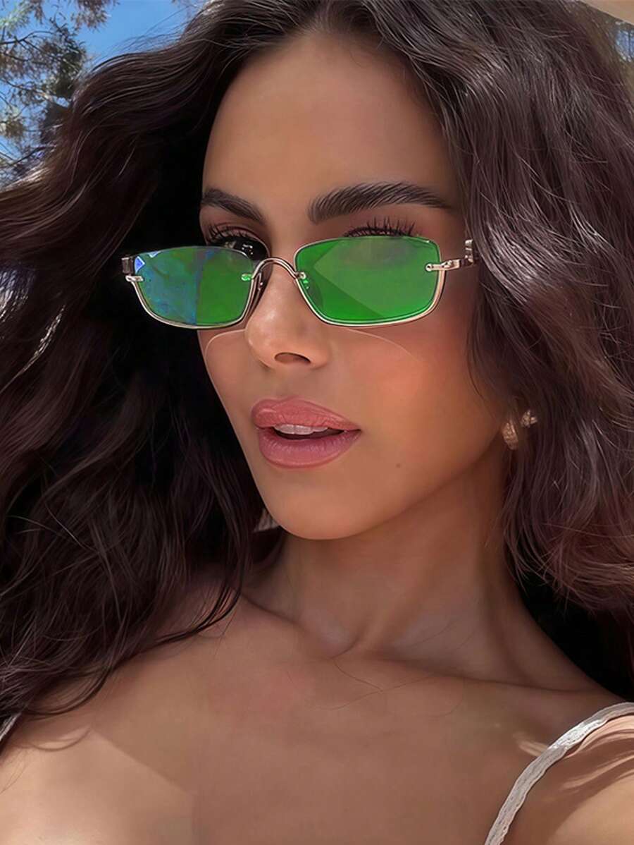 1 件复古风格半框太阳镜，时尚绿色时尚女士眼镜，为优雅的夏日假期增添魅力 - 彩色 - 查看 1