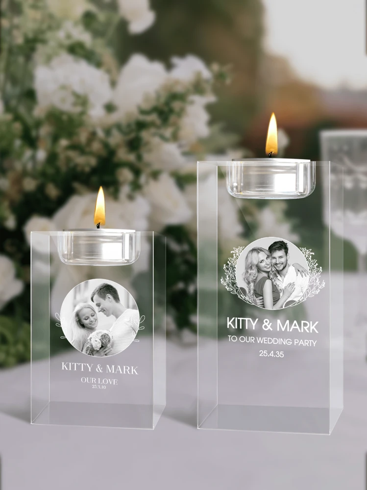 Bougeoir En Cristal Photo 3D Personnalisé Gravé - Cadeau Anniversaire Mariage Noël Pour Papa Maman (Blanc)