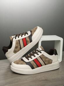 （尺码偏小）男士棕色复古随机印花系带休闲运动鞋，简约条纹撞色户外情侣运动鞋 - 米棕 - 查看 2