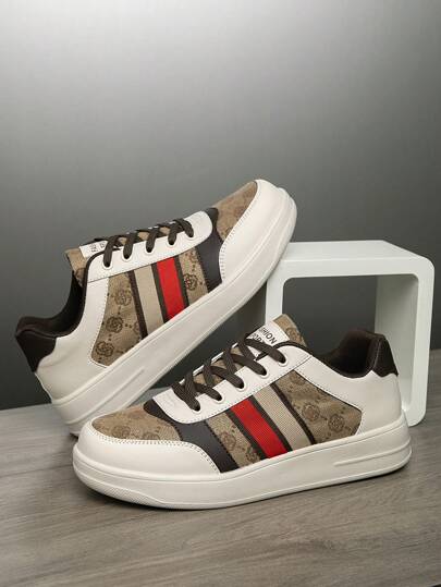 （尺码偏小）男士棕色复古随机印花系带休闲运动鞋，简约条纹撞色户外情侣运动鞋