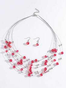 1pc Fashionable Boho Beach Retro Style Multi-Layer Shell Necklace & 1 Pair Crystal Bead Earrings For Women - Colorful - View 5