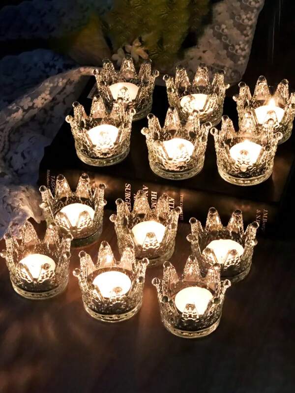 6/2/1 pieza Titular de vela de vidrio corona creativo de 2.9*2.1 pulgadas, accesorios para cena romántica a la luz de las velas, bandeja de almacenamiento de joyas, decoración de mesa para bodas y fiestas, centro de mesa, decoración para el hogar, regalo sin necesidad de batería para cumpleaños, graduación, decoraciones de fiesta de soltera