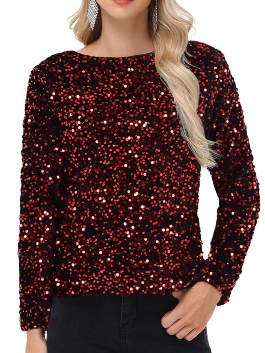Women's Sequin Tops Sparkly Long Sleeve Glitter Evening Party Concert Shirt Blouse - 紅色 - 查看 1