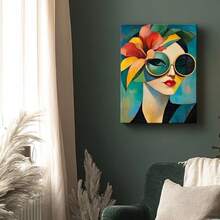 1pc Framed Canvas Wall Art Poster Abstract Digital Realism Bright Colors Unique A Woman With Sunglasses And A Flower In Her Hair Wall Art For Living Room Bedroom Bathroom Kitchen Apartment Hotel, Artful Home Decoration - Framed, Vertical