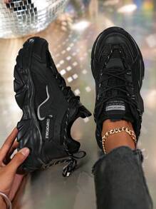 Women's Outdoor Spring/Summer Stylish Fashion Versatile Comfortable Soft Non-Slip Low-Top Solid Black Sneakers Casual Shoes Chunky Sneakers - Black - View 2