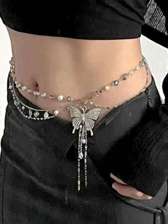 1pc European&American Minimalist Butterfly Tassel Multi-Layer Beaded Waist Chain, Unique Elegant Fashionable Elegant Sexy Waist Chain, Women Gift, Party Jewelry