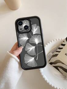 1pc Fashionable Black Ginkgo Leaf & Striped Pattern Anti-Fall Sandblast Phone Case, Compatible With Apple///Redmi/Infinix/Vivo