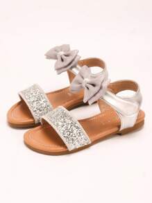 1 Pair Of Girls' Silver Glitter Mesh Bow Sandals With Sequins, Exposed Toes, Low Cut, Hook And Loop, Flat Heel, Sweet Princess Style Sandals, Summer Performance, Daily Matching Shoes - Silver - View 1