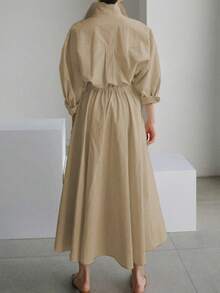 Phong cách mới mùa xuân hè, màu trơn, thời trang công sở, cổ chữ V, eo thon, cúc to bản, thanh lịch - Màu Khaki - Xem 2