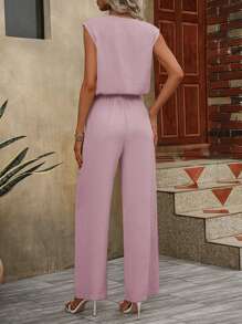 Women's Casual Solid V-Neck Sleeveless Top And Pants Two Piece Summer Sets,Vacation/Beach/Valentine's Day/Easter/Daily Commute Outfits - 粉色 - 查看 3