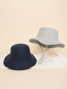 2pcs Children Solid Color Sun Visor Hat With Chin Strap, Summer Beach Sun Ion Bucket Hats - Navy Blue + Gray - View 2