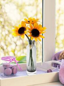 1 Bunch (5 Branches) 13 Inch(H) Simulation Sunflower Bouquet Home Living Room Bedroom Office Wedding Birthday Party Tabletop Decoration Hand Flower Shooting Props Gifts Graduation