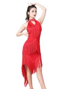 女士拉丁舞裙比赛裙亮片流苏拉丁舞裙不对称流苏裙舞台表演裙 - 彩色 - 查看 20