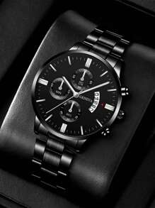 1pc Men Round Pointer Date Quartz Watch & 1pc Bracelet