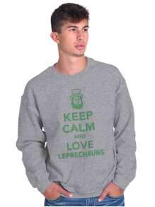BRISCO BRANDS St Patrick's Day Graphic Fleece Lined Crewneck Pullover Sweatshirt Saint Paddy's Day Funny Sarcastic Keep Calm And Love Leprechauns Casual Everyday Cotton Printed Thermal Lined Jumper - Sport Grey - 查看 2