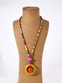 New Wooden Beads & Woven Coconut Shell Long Sweater Chain Necklace, Handmade Bohemian Versatile Accessory - Multicolor - View 1