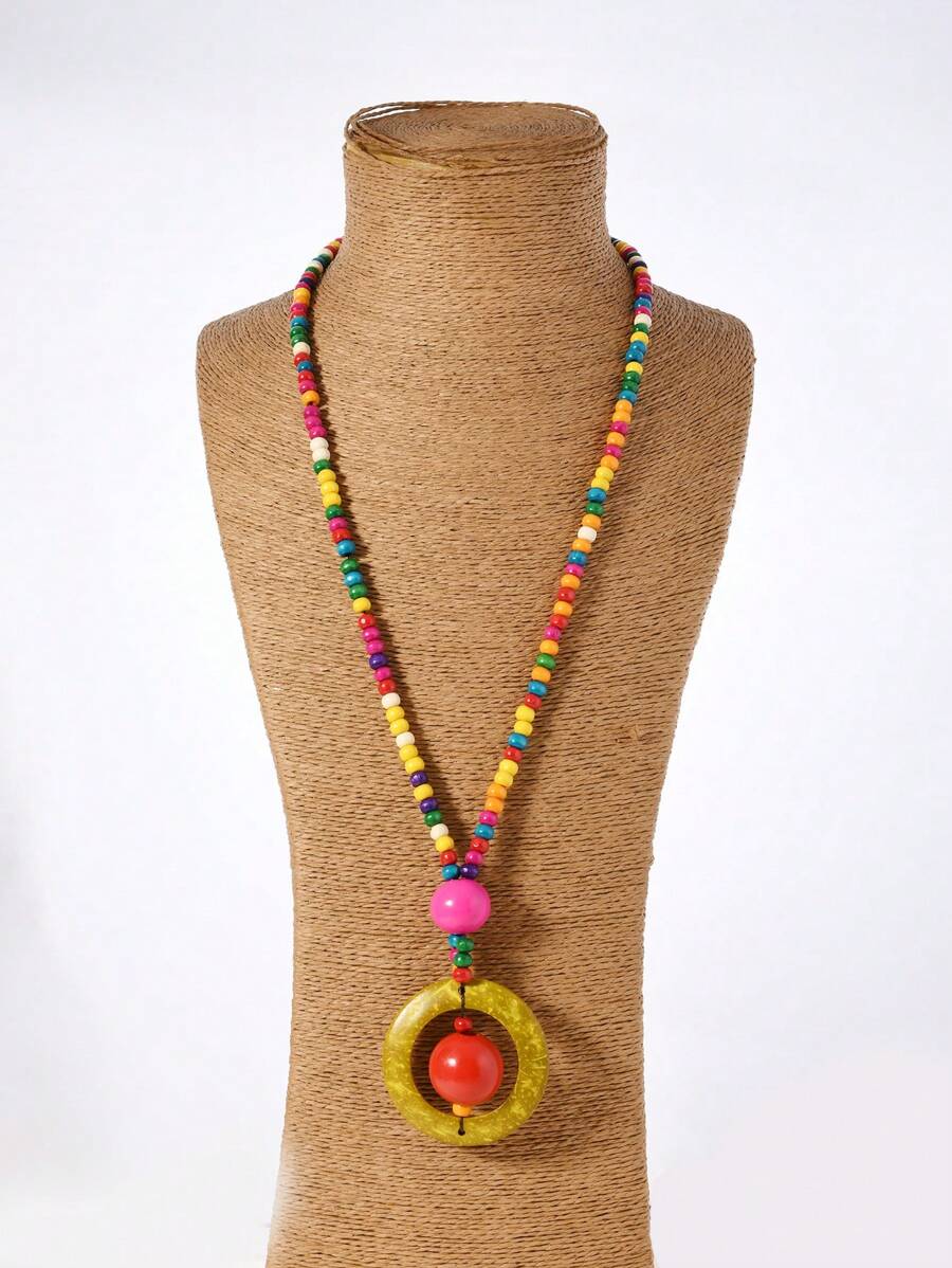 New Wooden Beads & Woven Coconut Shell Long Sweater Chain Necklace, Handmade Bohemian Versatile Accessory - Multicolor - View 1