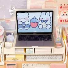 1pc White DIY Office Monitor Stand, Keyboard Storage Rack, Computer Riser Desk Organizer Bookshelf - White - View 3