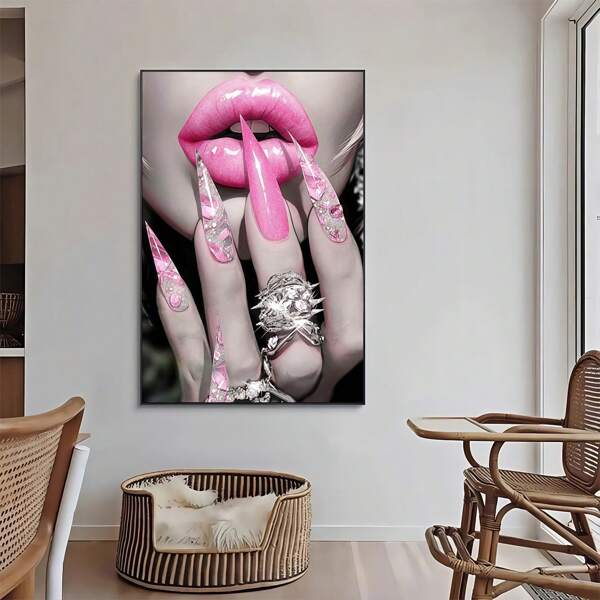 1 pieza Impresión de arte en lienzo con tema de maquillaje de sueño elegante y clásico moderno con labios y uñas rosas, arte de pared moderno decorativo, adecuado para decoración de oficina, pasillos, cafeterías, bares, restaurantes, dormitorios, salas de estar, decoración de pared, decoración del hogar y decoración de habitaciones. Es el regalo de decoración del hogar ideal. - Marco opcional