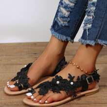Women Sandals Flats Shoes Flower Round Toe Thong Beach Sandals Summer Bohemian Elastic Ankle Strap Comfortable Sandals - Black - View 2