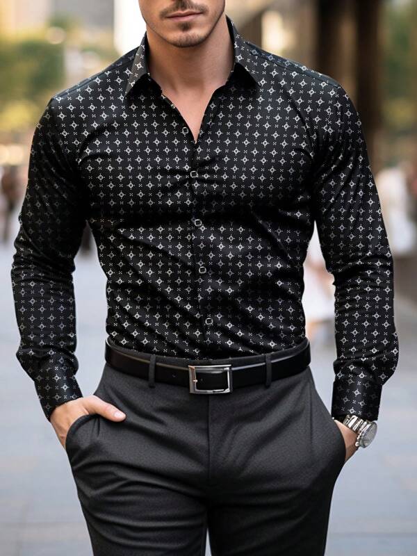 Camisa casual formal de manga larga con patrón geométrico de solapa única para hombres, estilo emo