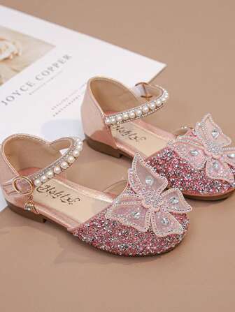 1 Pair Fashion Versatile Pink Girl Pearl & Rhinestone Bow Decor Cute Flat Sandals, Round Toe, Suitable For Daily Wear, Dancing, Outdoor In Spring And Autumn, Glitter Decoration Closed Toe Princess Shoes, Run Small By Half Size