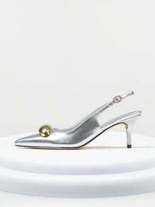Womens Elegant Slingback High Heels Pointed Toe Stiletto Heel Gold Metal Stud Dress Pumps Buckle Strap Slip On Party Dressy Wedding Bridal Work Casual  Summer Sandals Shoes - Silver - View 6