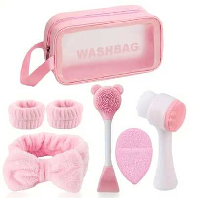 7 Pieces/Set Of Facial Care Tools, Double-Sided Silicone Cleaning Brush, Soft Face Powder Puff, Mask Brush, Manual Massage Brush, Wrist Towel, Including 1 Hair Band And 2 Hand Bands,Skincare Headband,Beauty,Skin Care Products,Spa,Self Care,Skin Care Tools,Face Care,Esthetician Supplies,Skin,Face Wash,Facial