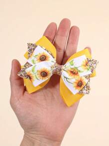2pcs Sunflower Printed Hair Bows For Girls Champagne Glitter Bow Alligator Clips Spring Vitality Hair Clips Adorable Girls Pigtail Bows Barrettes Kids Hair Accessories - Multicolor - View 3
