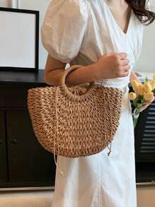 Bolso de playa de media luna de paja y ratán tejido a mano, de gran capacidad, para mujer, de estilo hueco y cruzado, bolso de hombro de verano de paja de media luna, hecho a mano, portátil, de gran capacidad, bolsa de playa, cesta tejida, bolso de asa superior, monedero y bolsas de tela
