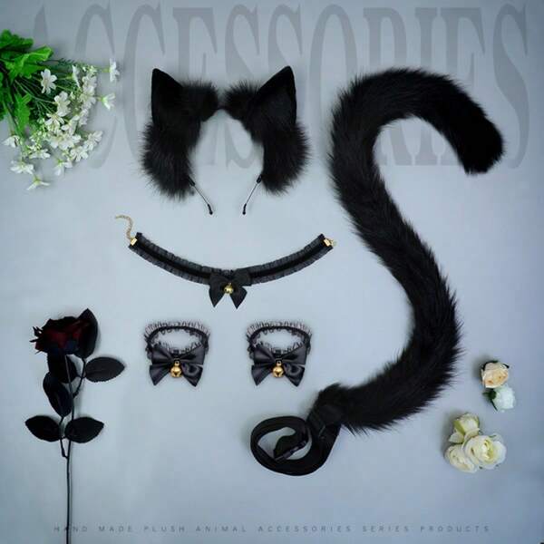 Faux Animal Ear, Tail, Lace Hand Bracelet & Necklace Bell Fluffy Cosplay Props Headband Set