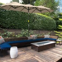 Outsunny Double-Sided Patio Umbrella 9.5' Large Outdoor Market Umbrella With Push Button Tilt And Crank 3 Air Vents And 12 Ribs For Garden Deck Pool Brown