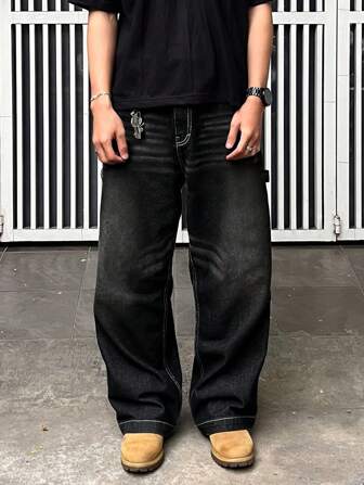 男士加大码直筒宽松猫须水洗牛仔裤