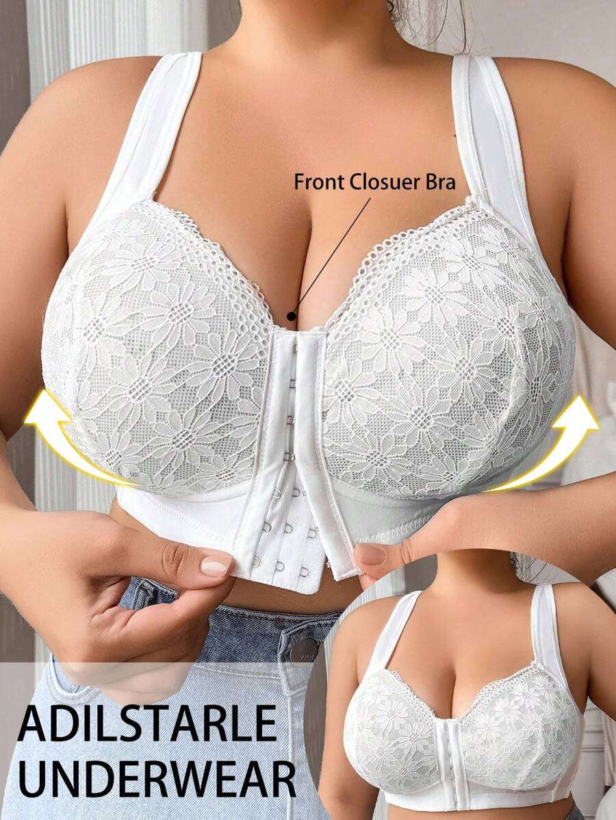 Sujetador inalámbrico de talla grande para mujeres con cierre delantero de encaje - Blanco - Ver 1