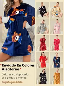 Camisón de Invierno para Mujer, Pijamas de Polar con Manga Larga, Cuello Redondo y Estampado, Dobladillo Largo(Recomendado para personas de 50 kg,No se limita al color mostrado en la imagen) - Multicolor - Ver 1