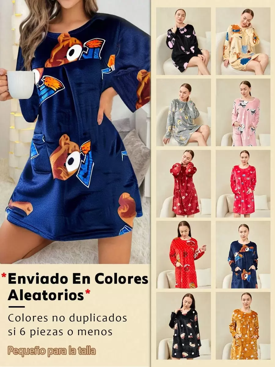 Camisón de Invierno para Mujer, Pijamas de Polar con Manga Larga, Cuello Redondo y Estampado, Dobladillo Largo(Recomendado para personas de 50 kg,No se limita al color mostrado en la imagen) - Multicolor - Ver 1