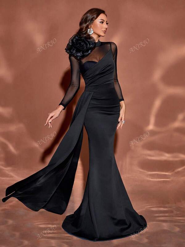 Vestido midi elegante para invitados de boda con malla floral 3D, cuello alto, silueta entallada, bajo de cola de pez, manga larga, para cóctel, vestido formal, vestido de noche, vestido de gala