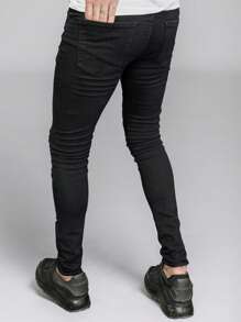 Men's Stretch Distressed Slim Fit Jeans With Patches, Fashionable Casual Motorcycle Pants