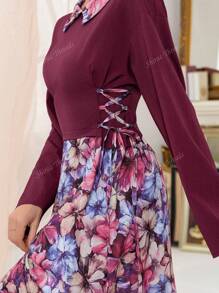 Vestido largo con manga larga, cierre de cordón en la cintura, estampado de retazos, estilo casual, modesto, tipo abaya, kaftán, jaladibiya, vestido árabe, para verano