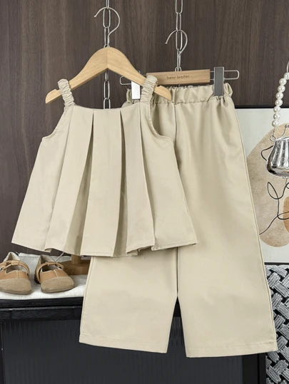 年轻女孩 2 件套休闲梭织面料吊带背心和直筒裤套装，适合夏季