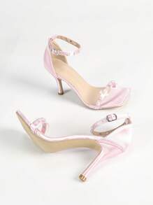 Women's Black Square Toe Stiletto Heel Faux Pearls Decor Strap Sandals, Comfortable Fashion Versatile Daily Wear & Party Dresses, Make You Look Taller And Slimmer