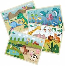 24 Small Pieces Of Wooden Puzzle Toys, Cartoon Dinosaur Marine Animal Theme, Colorful And Attractive, Simple Puzzle Exercise Brain And Hands-On Ability Toys Easter Christmas Halloween Birthday Gifts - 4件套 - 查看 1