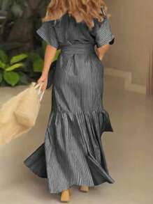 女士夏季休闲风格，时尚优雅，条纹翻领腰带和前开长裙适合毕业装。 - 黑與白 - 查看 2