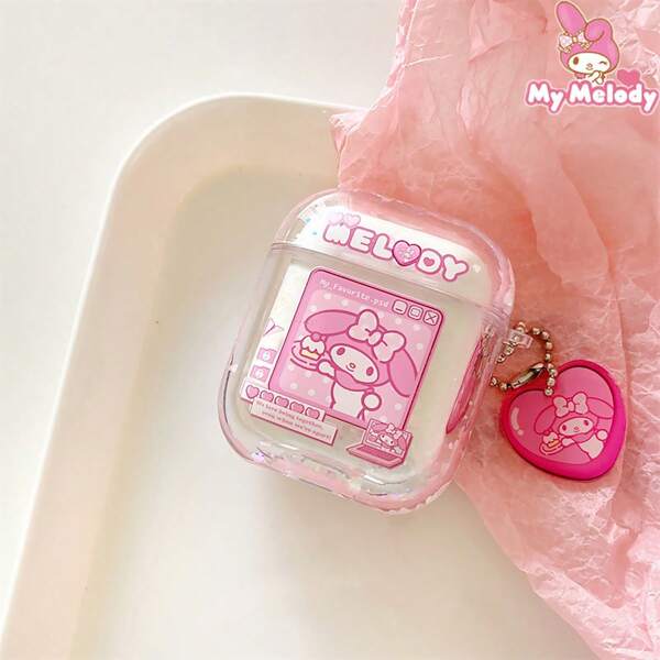 Sanrio Capa My Melody Transparente Brilhante com Areia Fluindo - Pingente de Coração em Corrente Delicada, Capa Protetora Doce para Fone de Ouvido, Lindo Estilo Kawaii para Meninas e Estudantes, Acessório de Moda, Presente de Aniversário/Festival, Viagem/Escola/Piscina/Esportes