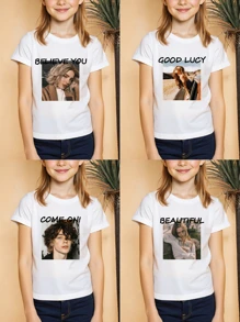 Customized Tween Girls T-Shirt, Spring/Summer, Personalized Design With Photo/Pattern/Logo Print, Suitable For Team/Outdoor/Class Uniforms, Short Sleeve Shirts, Gifts For Holidays & Birthdays - White - View 3