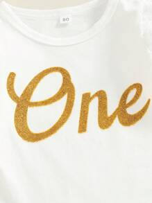 Pelele de manga larga para niña pequeña, falda y diadema, con estampado de letras, malla de encaje y patchwork, ropa festiva - Rosa - Ver 6