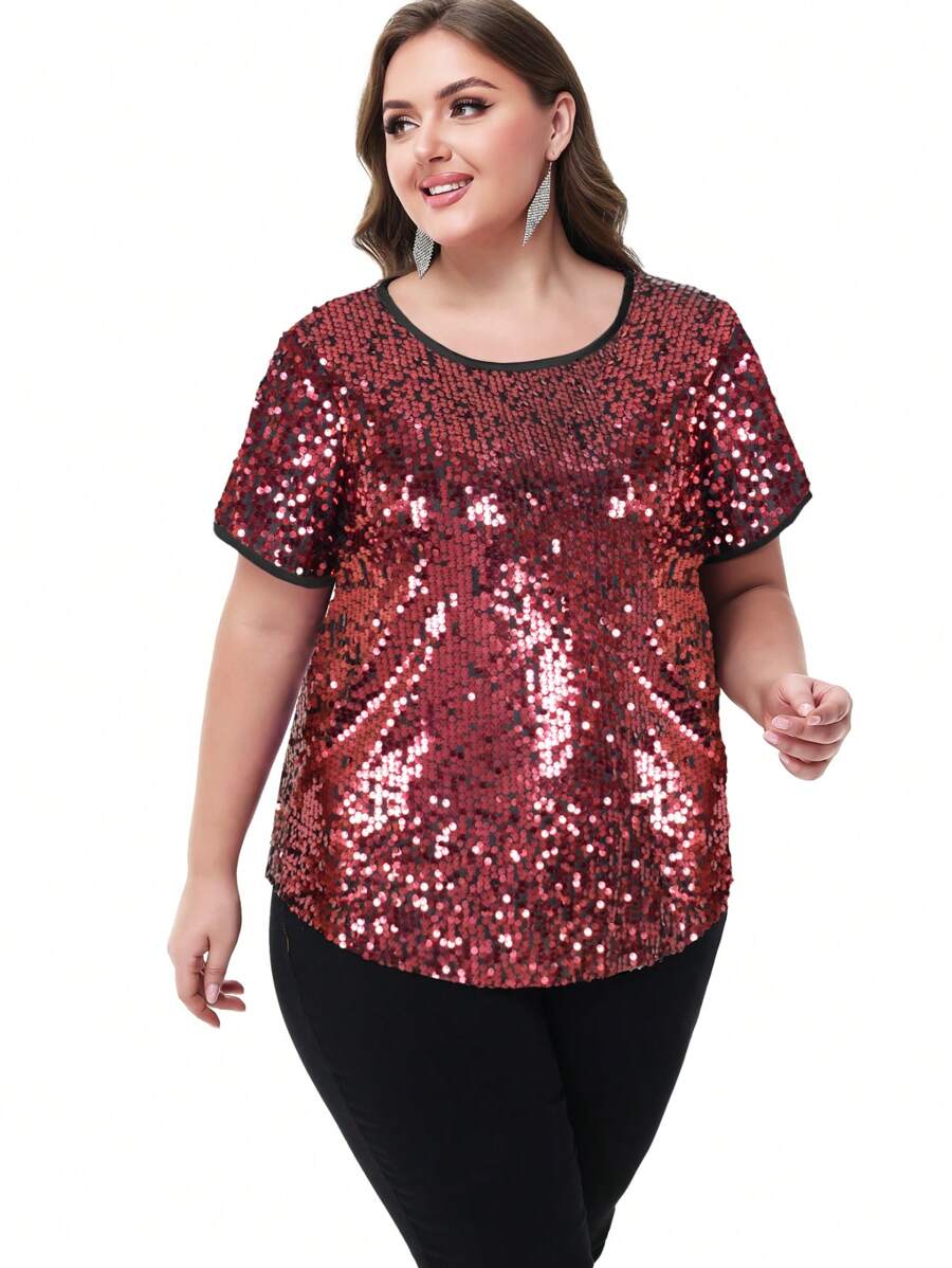 Women's Sequin Tops Plus Size Round Neck Sparkle Glitter Short Sleeve Party Tunic Blouse - Màu Đỏ Sâu - Xem 1