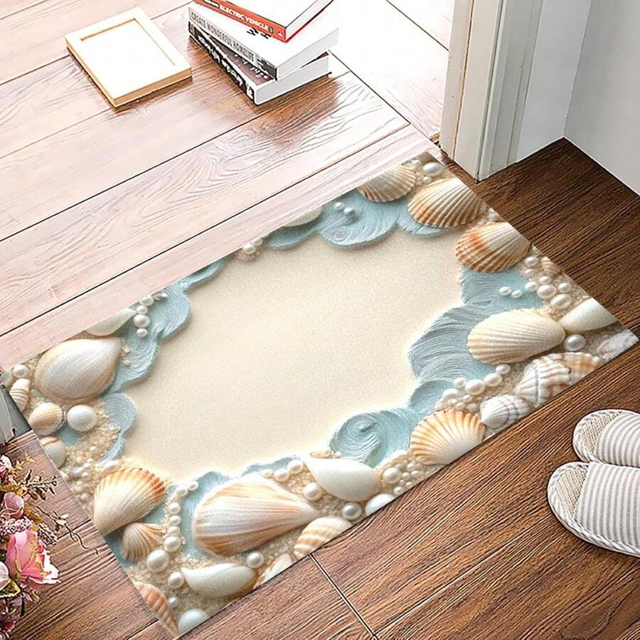 1pc 16"*24" 18"*30" Beach Shell Ocean Features Entry Door Floor MATS, Non-Slip And Washable, Suitable For Living Room And Bedroom Home Decor, Available In Various Sizes For Use In Living Rooms, Bedrooms, Kitchens, Hallways, Studies, Dining Rooms, Bathrooms, Non-Slip Mats, Offices, And Home Decorations - Black - View 1