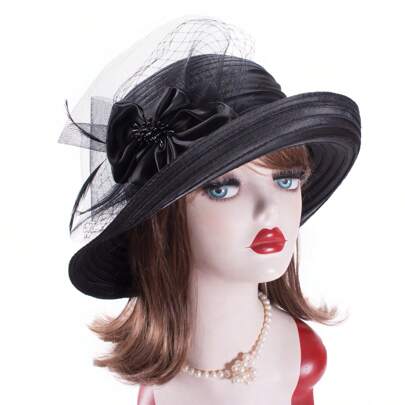 1pc Women Upturn Brim Wide Brim Bucket Cloche Church Wedding Tea Party Sun Hat